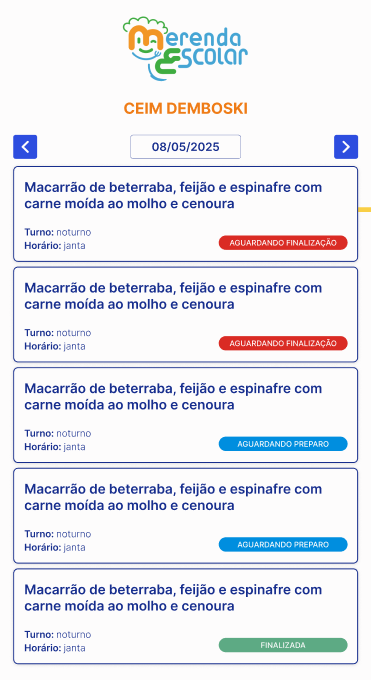 Tela refeições do App Merenda